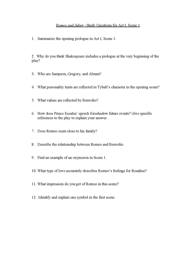romeo and juliet study questions act i, scene 1 preview image 1