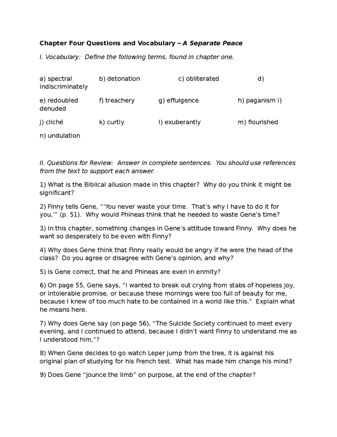 a separate peace, vocabulary and review questions for chapter 4 preview image 1