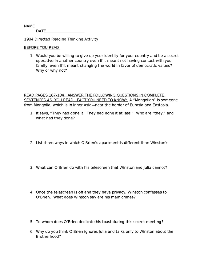 1984 directed reading thinking activity pgs. 167 - 1984 preview image 1
