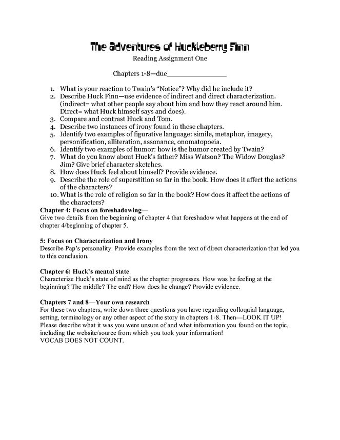 huck finn guided reading chap 1-8 preview image 1