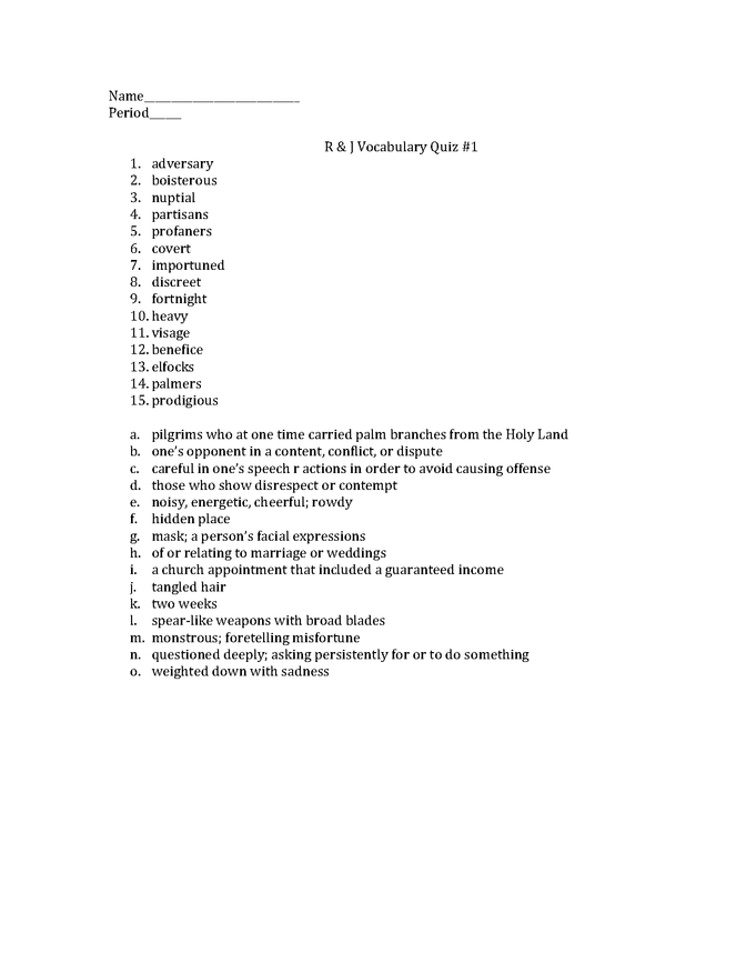 romeo and juliet act i vocabulary quiz preview image 1