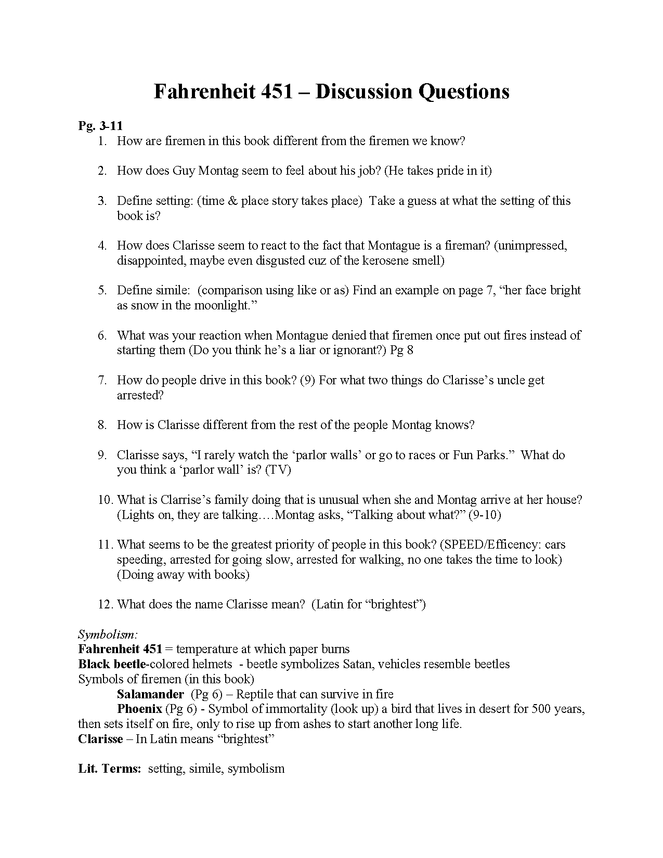 fahrenheit 451 discussion questions pgs. 3-100 preview image 1