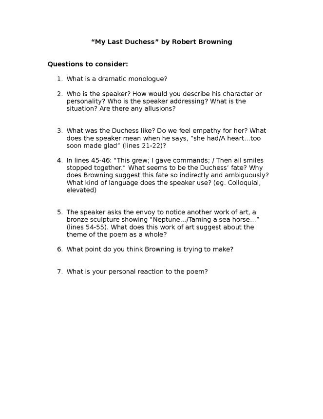 questions to consider for "my last duchess" by robert browning preview image 1
