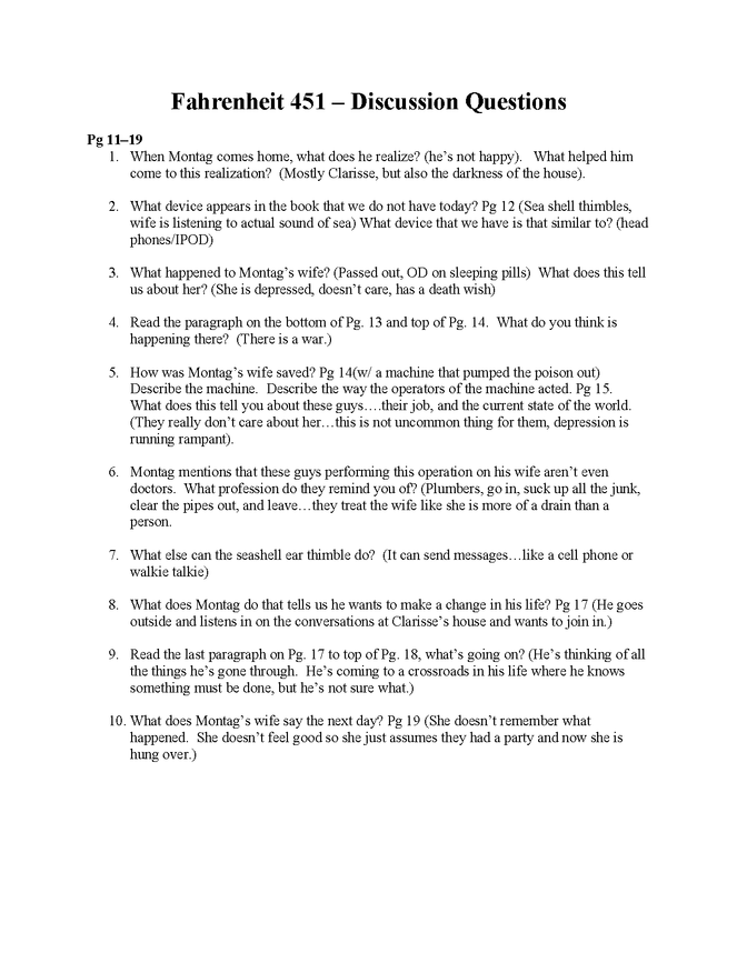 fahrenheit 451 discussion questions pgs. 11-19 preview image 1