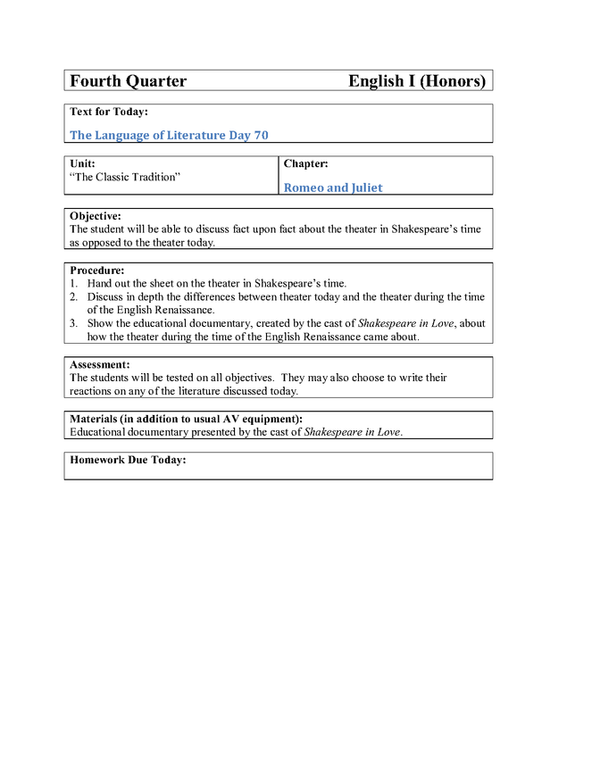romeo and juliet lesson plan 7 (9th grade day 71) preview image 1