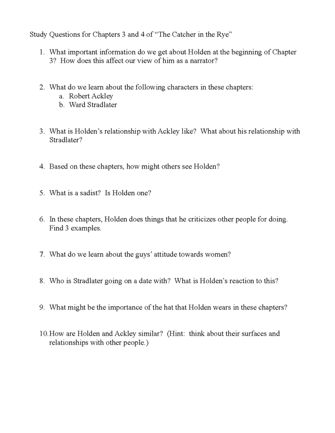 questions for chapters 3 and 4 of the catcher in the rye preview image 1
