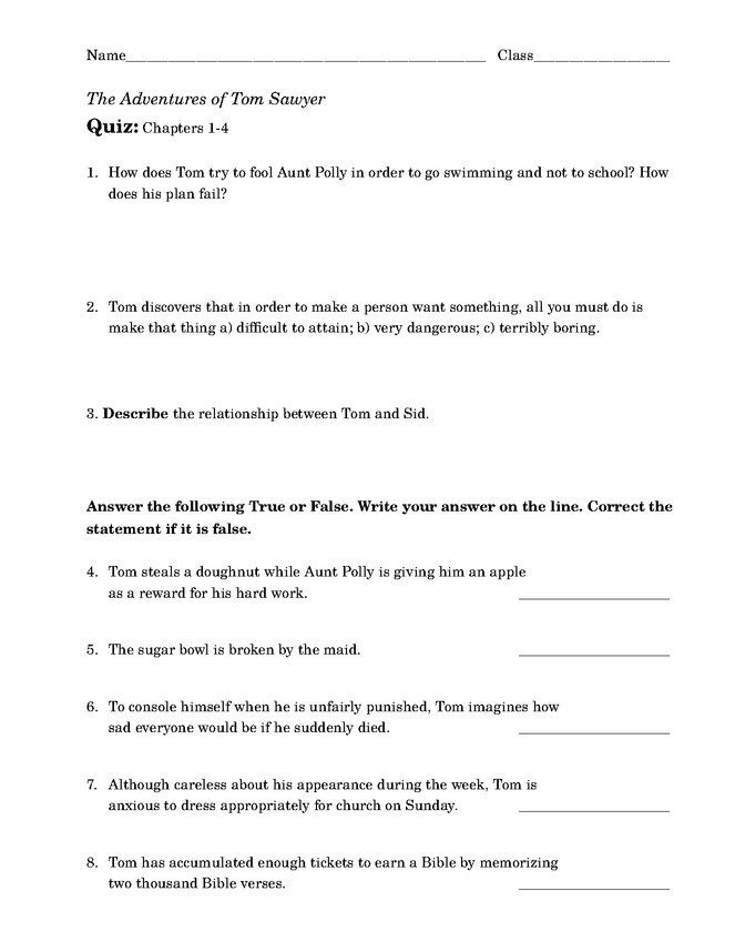 the adventures of tom sawyer quiz: chapters 1-4 preview image 1