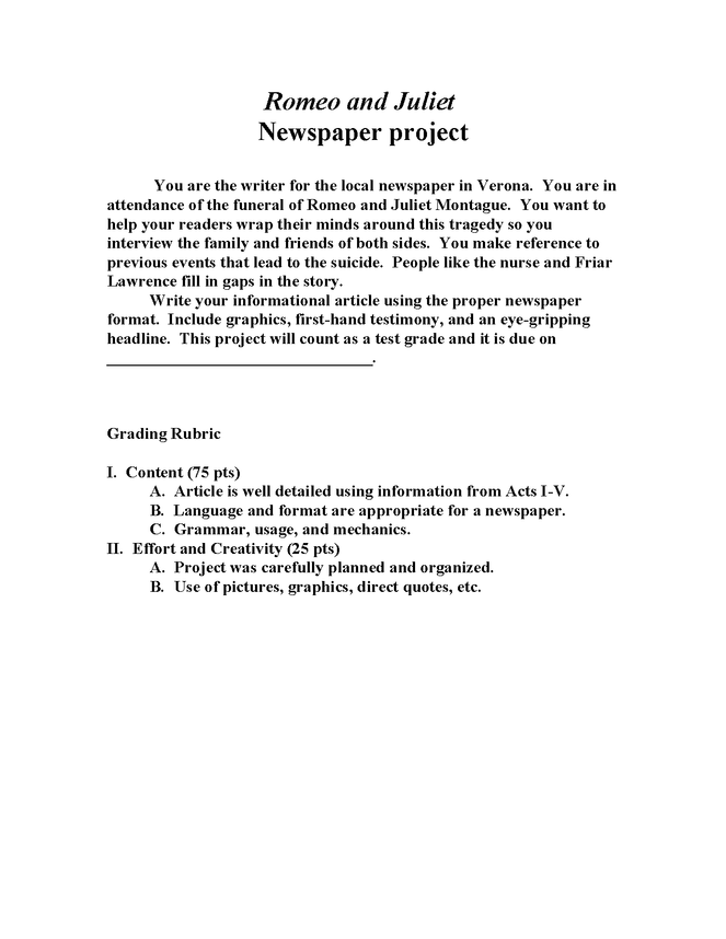 romeo and juliet newspaper project preview image 1