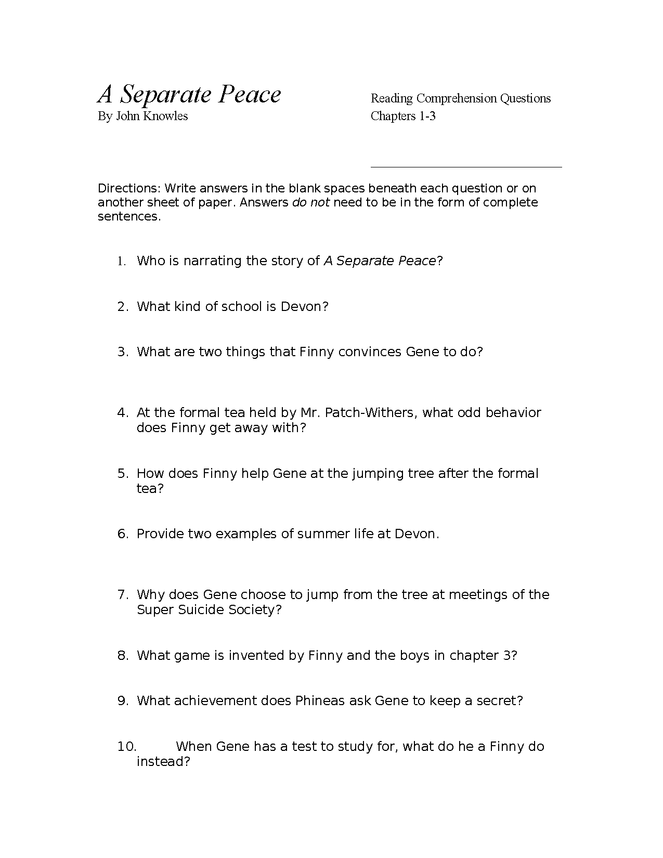 a separate peace - reading comprehension q's ch. 1-3 preview image 1