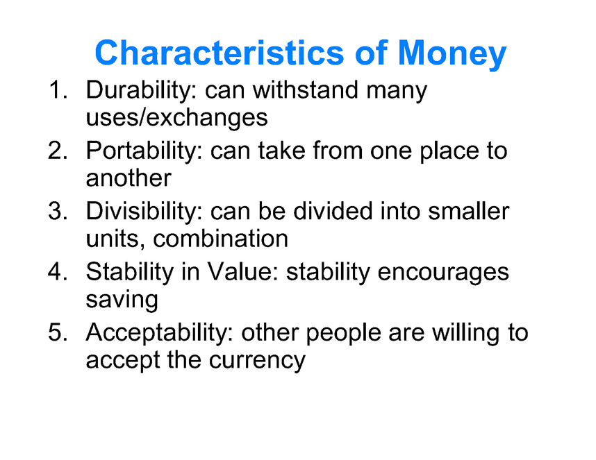 Fuctions And Characteristics Of Money Lecture Enotes Com