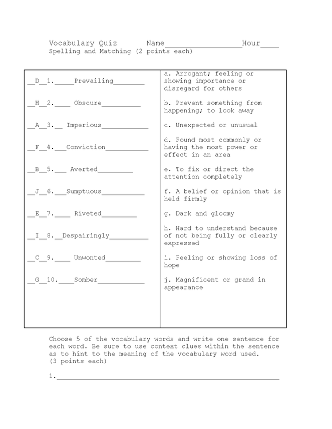 desiree's baby vocab and spelling quiz key preview image 1