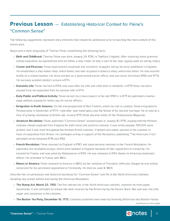 Common Sense Lesson Plan Our eNotes Essential Lesson... Language