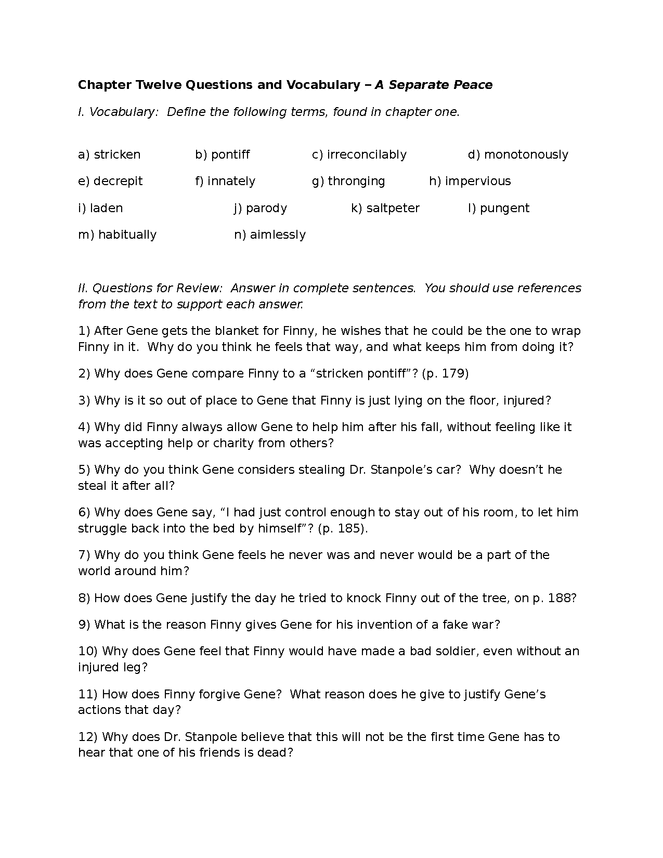 a separate peace, vocabulary and review questions for chapter 12 preview image 1