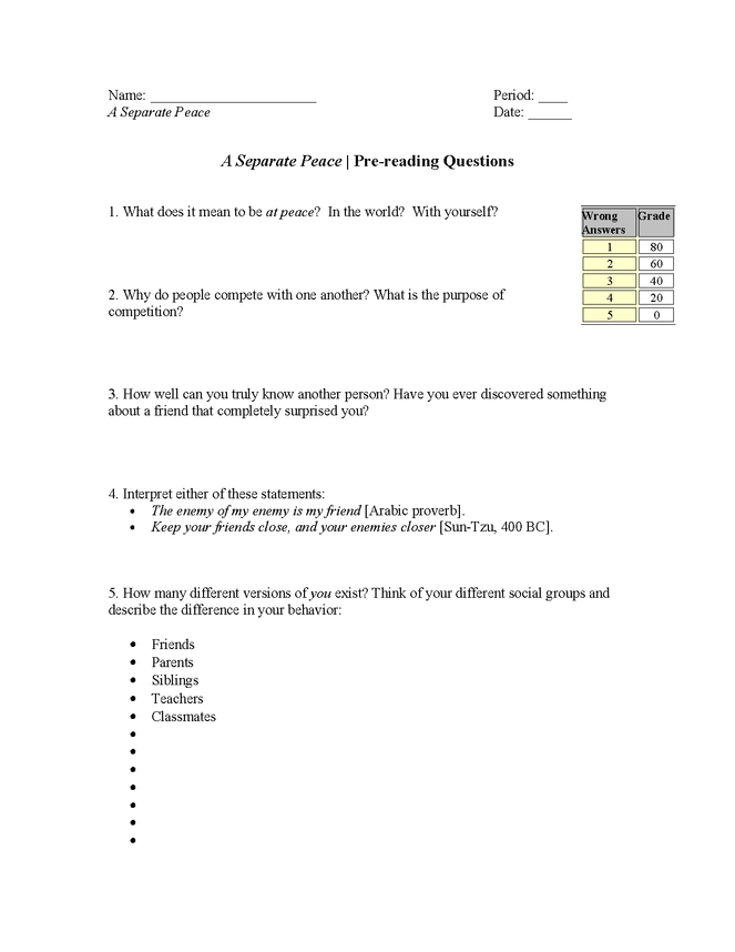 a separate peace pre-reading activity preview image 1