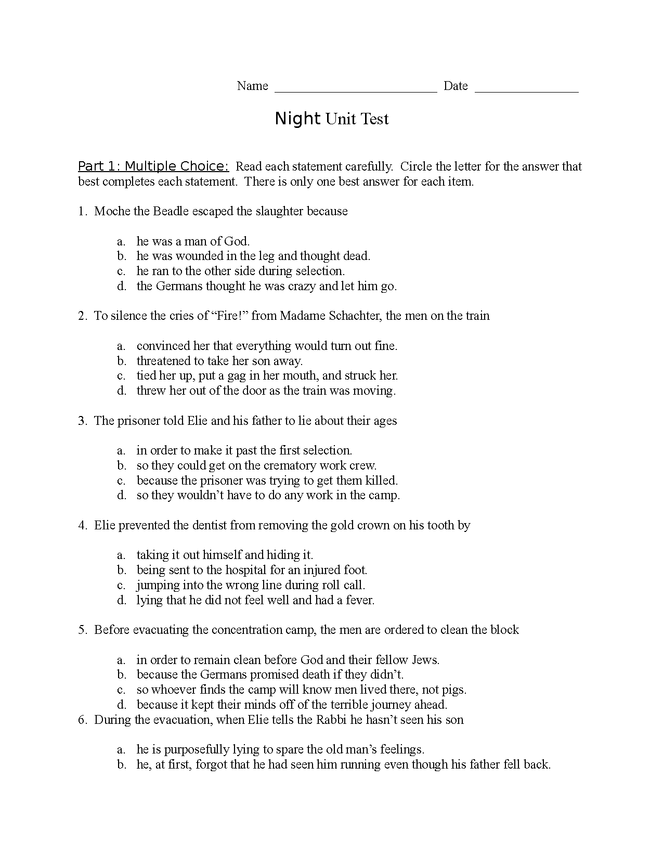unit test for night by elie wiesel preview image 1