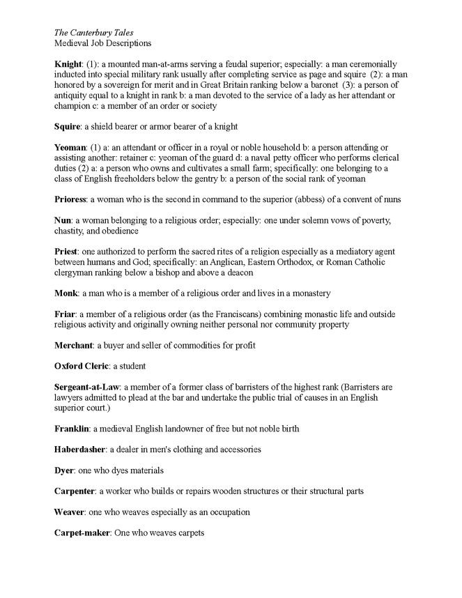 canterbury tales - medieval job descriptions handout preview image 1