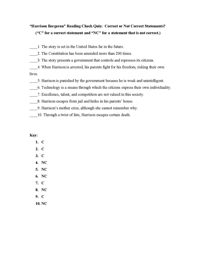 reading check quiz; "harrison bergeron" preview image 1