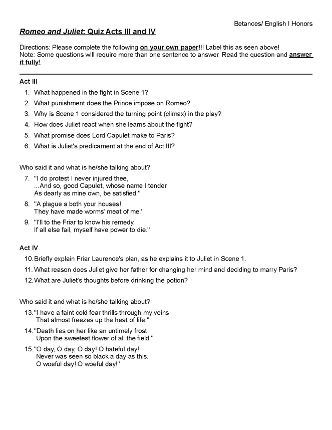 romeo and juliet quiz acts iii and iv preview image 1