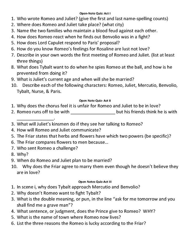 romeo and juliet: acts 1-5 quizzes preview image 1