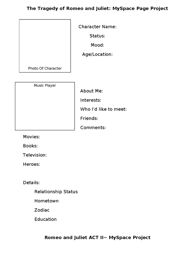 myspace page: romeo and juliet character study preview image 1