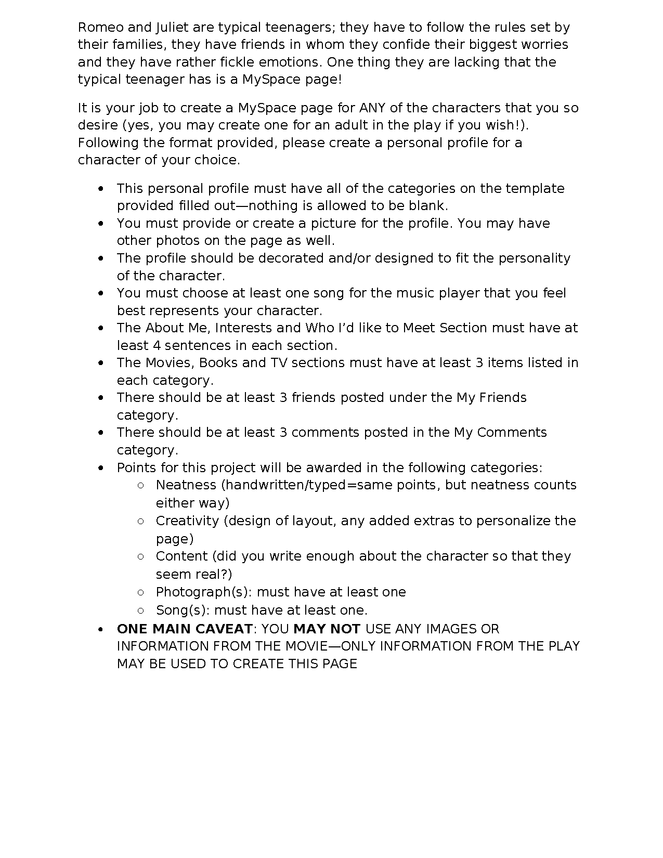 myspace page: romeo and juliet character study preview image 2