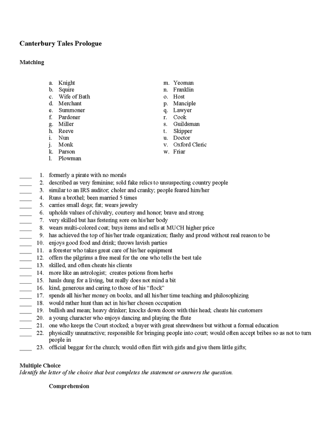 prologue to the canterbury tales test preview image 1