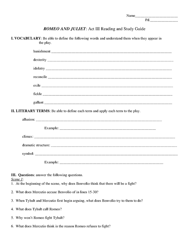 romeo and juliet act iii study guide preview image 1