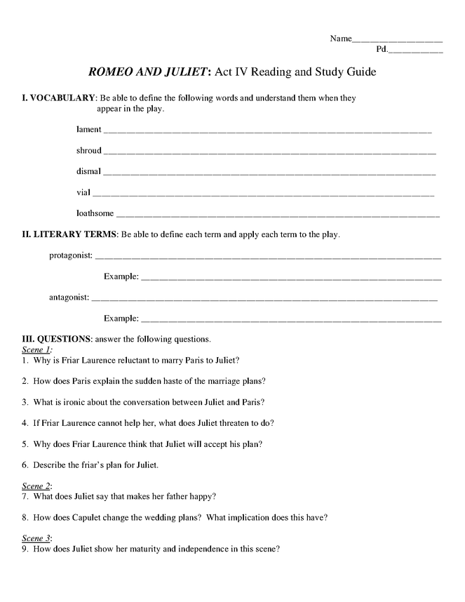romeo and juliet act iv study guide preview image 1