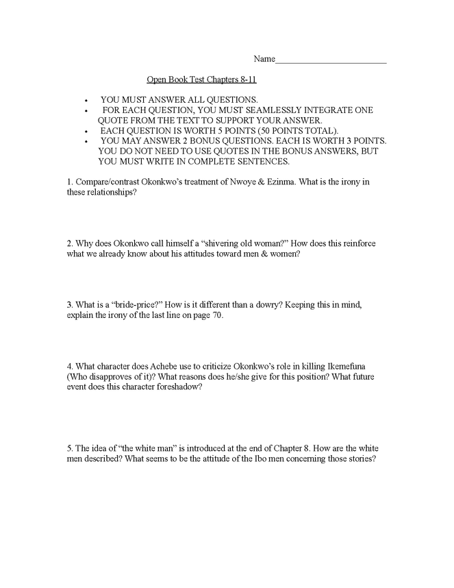 things fall apart open book test, chapters 8-11 preview image 1