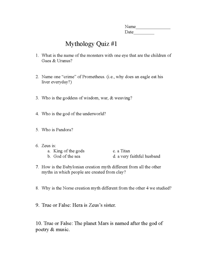 mythology quiz, chapters 1-3 preview image 1