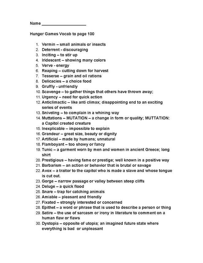hunger games vocab with quizzes p1-100 preview image 1
