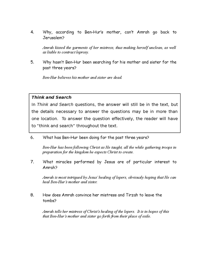 QAR Questions for Lew Wallace's "Ben-Hur" Book Eighth Chapters 1-3