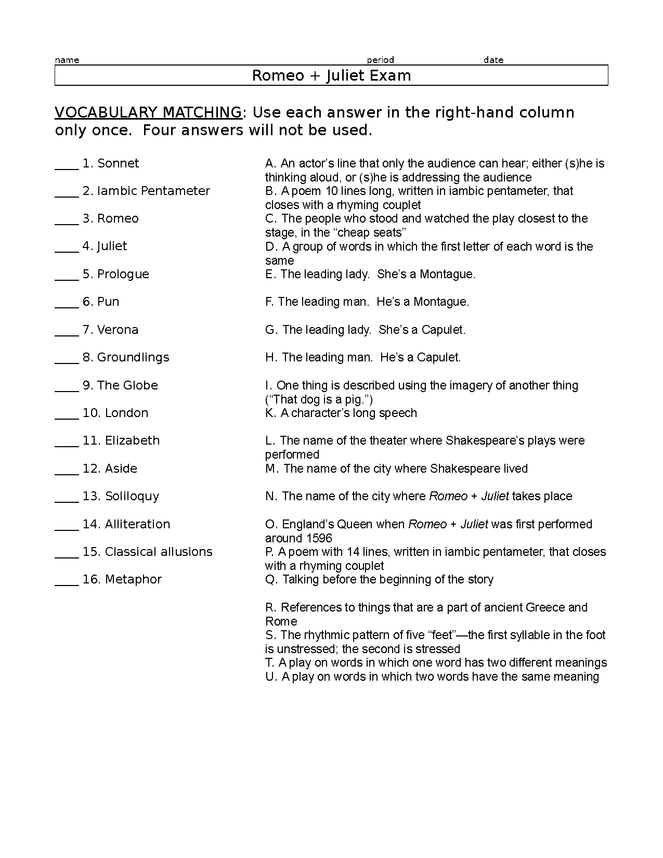 romeo & juliet exam preview image 1