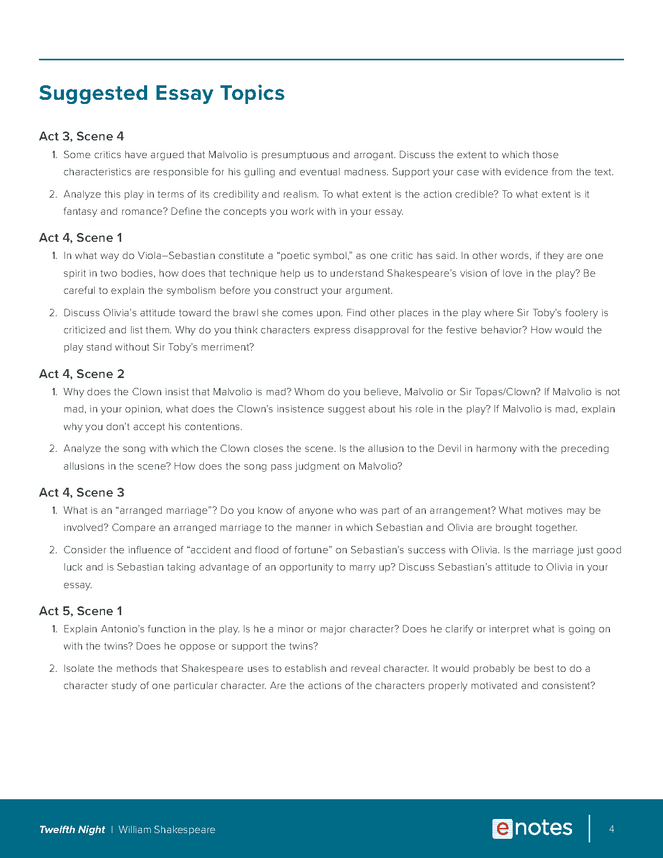Twelfth Night Essay Topics and Outlines