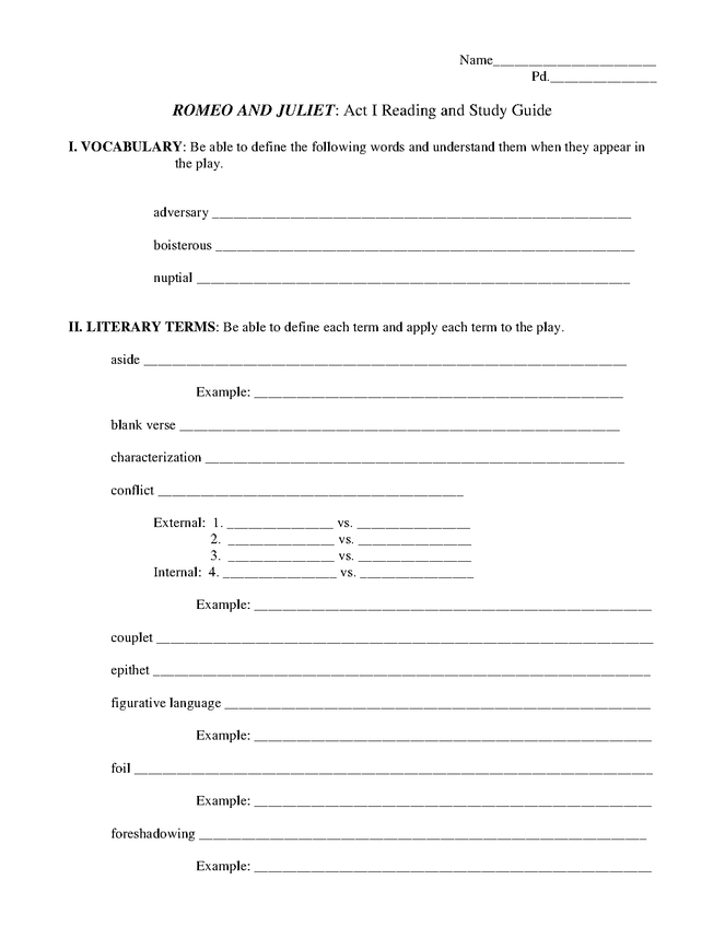 romeo and juliet act i study guide preview image 1
