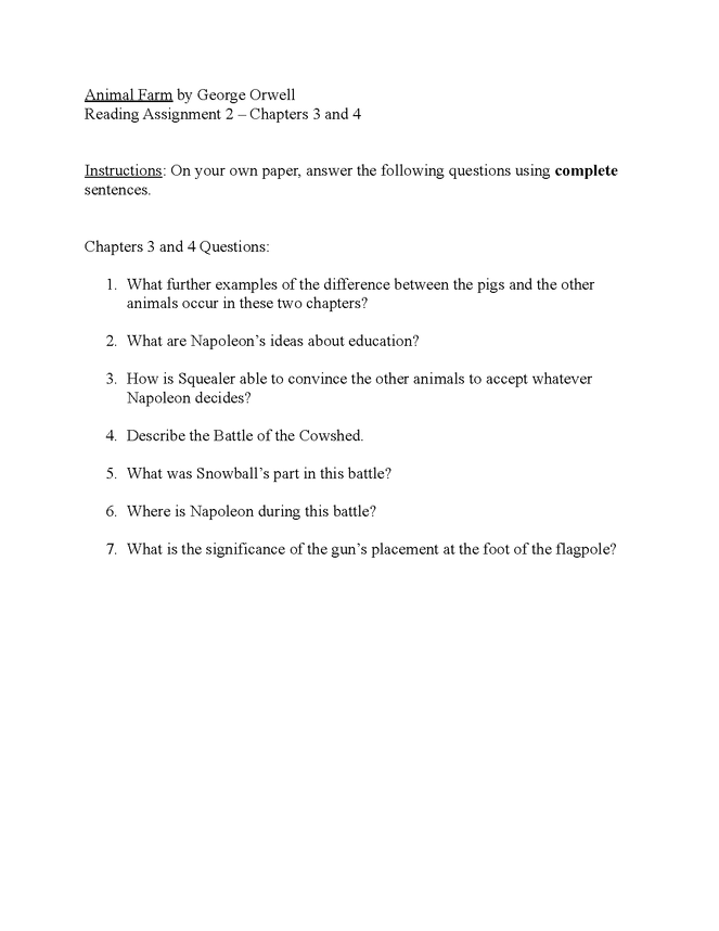 Animal Farm - Chapters 3 and 4: Follow-Along Questions / Study Guide -  