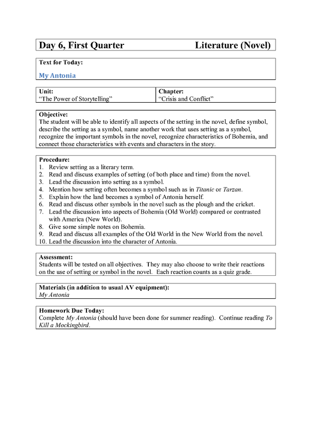 my antonia lesson plan 1 (9th grade day 6) preview image 1