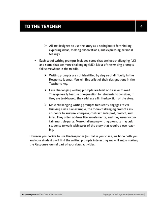 Thesis In Essay The Cask Of Amontillado Enotes Response Journal High School Admission Essay Samples also Best Business School Essays The Cask Of Amontillado Enotes Response Journal An Activities Essay Paper Checker