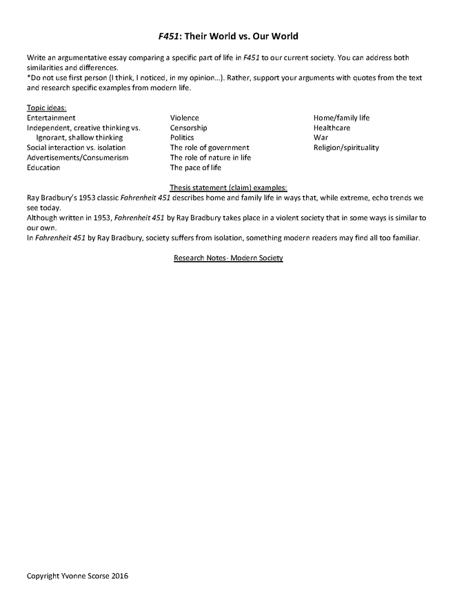fahrenheit 451 essay, pre-write, rubric- compare novel to modern society preview image 1