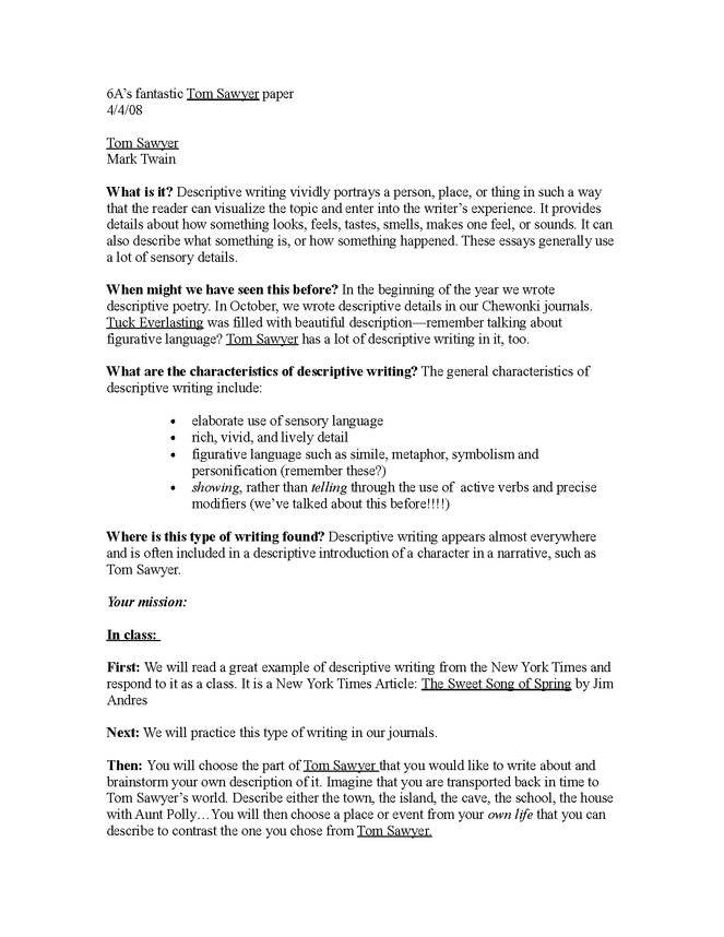 a descriptive writing paper and exercise for tom sawyer preview image 1