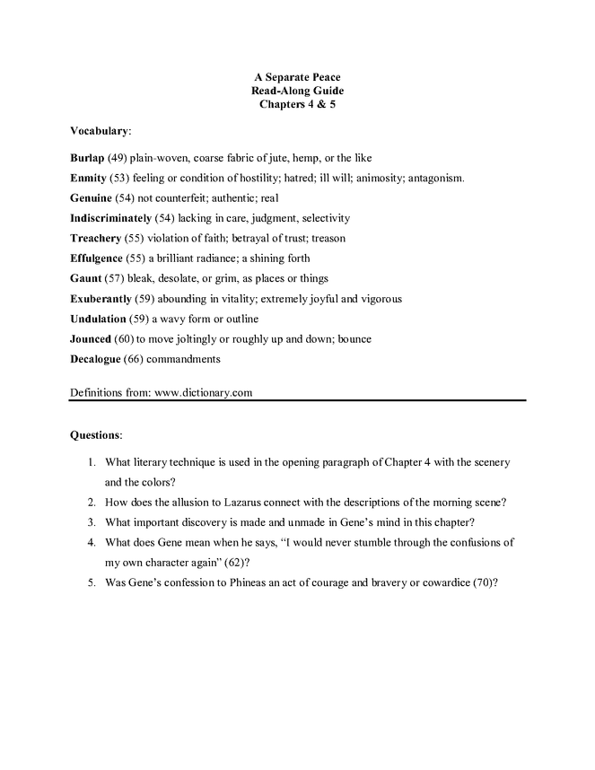 a separate peace read-along guide: chapters 4&5 preview image 1