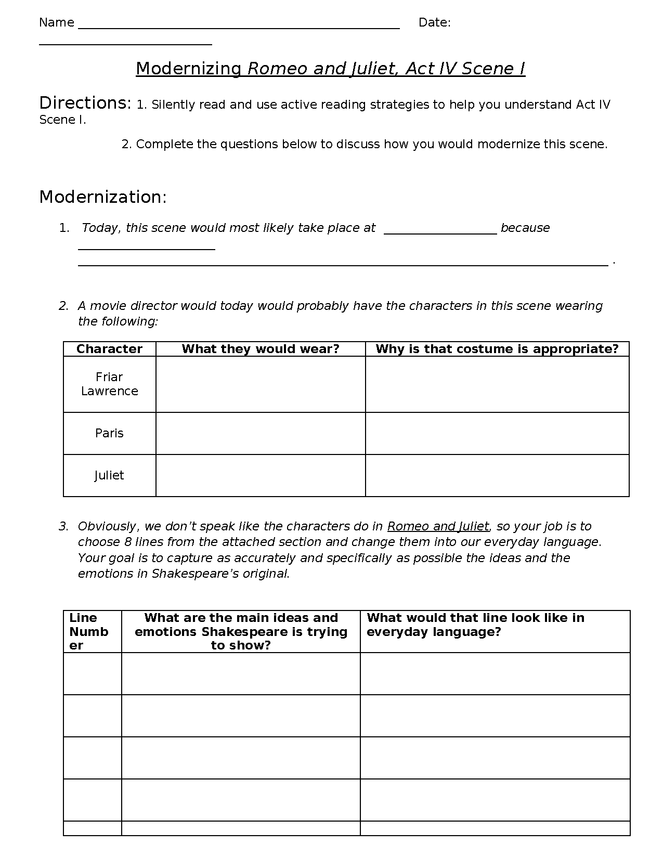 romeo and juliet: modernizing act iv, scene i handout preview image 1