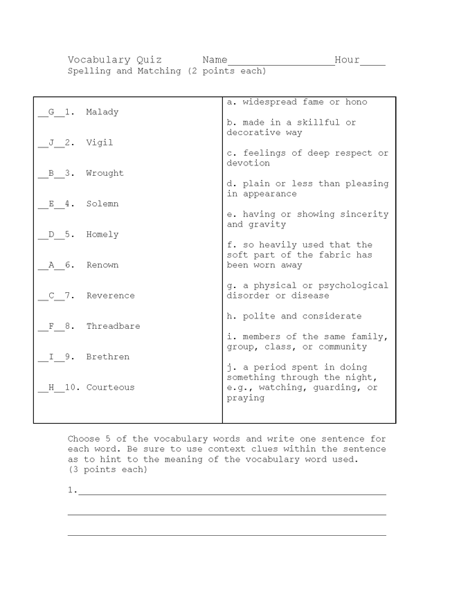 prologue vocab and spelling quiz key preview image 1