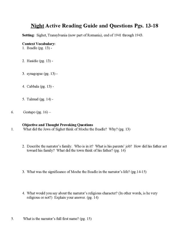 "night" study questions pgs. 13-18 preview image 1
