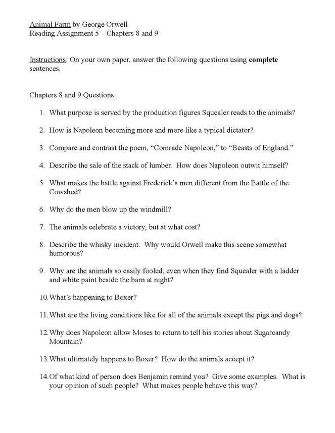 Animal Farm - Chapters 8 and 9: Follow-Along Questions / Study Guide -  