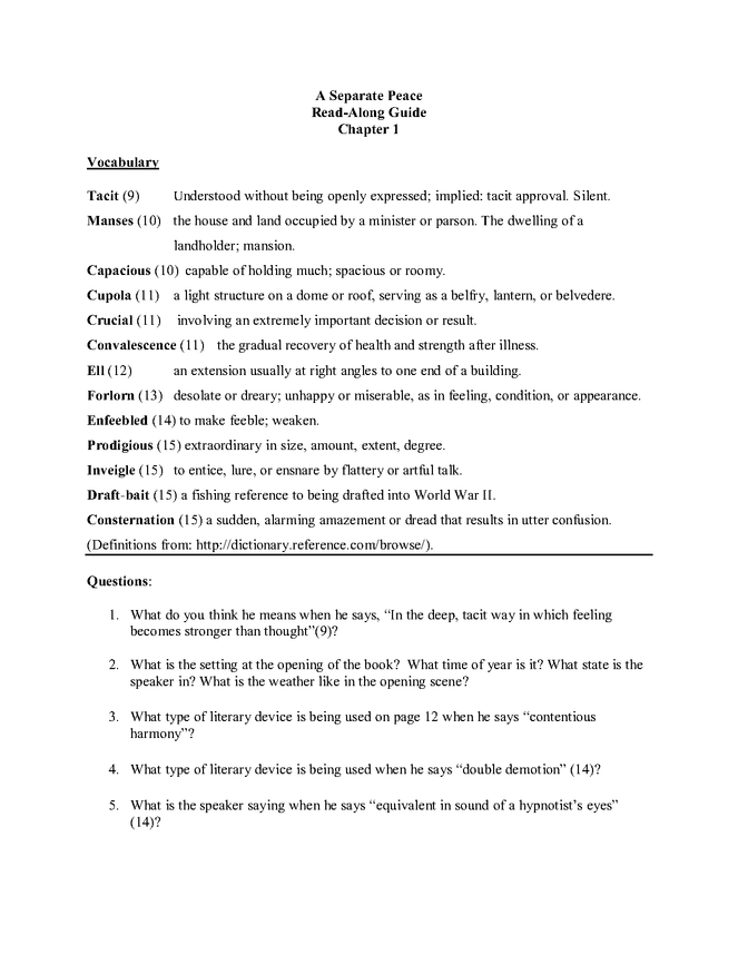 a separate peace read-along guide: chapter 1 preview image 1