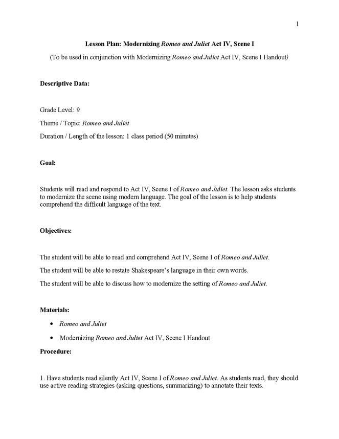 romeo and juliet: modernizing act iv, scene i preview image 1