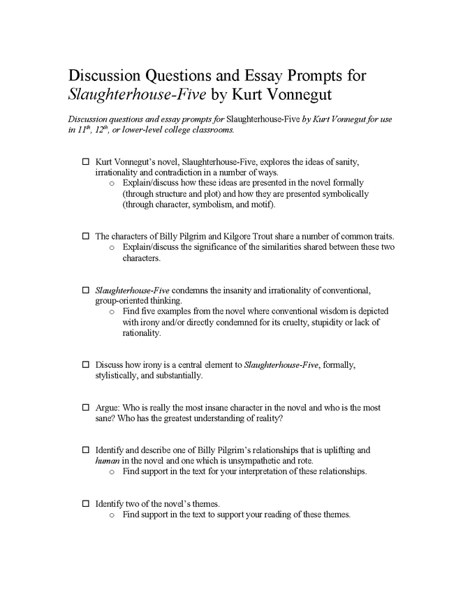discussion questions and essay prompts for slaughterhouse-five by kurt vonnegut preview image 1
