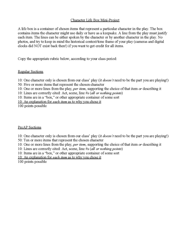 Character Life Box project - eNotes.com