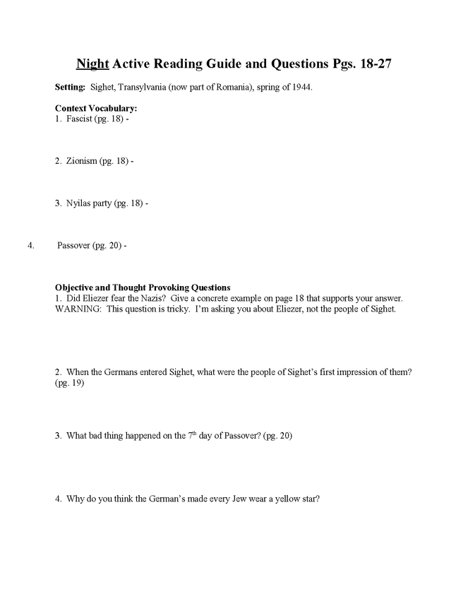 "night" study questions pgs. 18-27 preview image 1